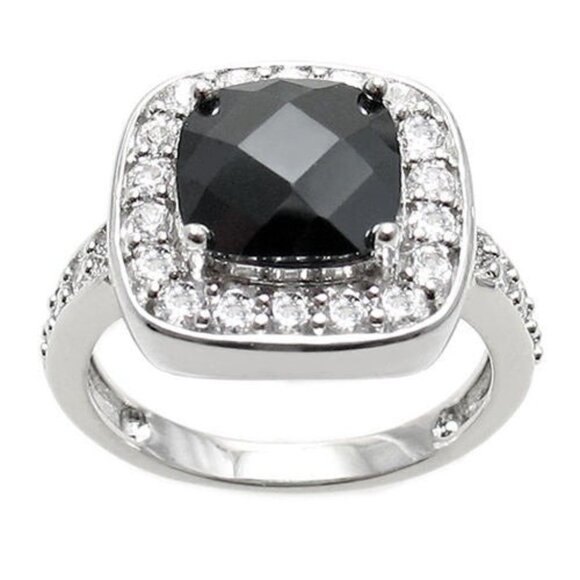 EXQUISITE SQUARE CUT BLACK OBSIDIAN COLORED CZ COCKTAIL RING IN STERLING SILVER. - Picture 2 of 3